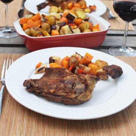 Canard confit - Ovengeroosterde groenten en aardappelen