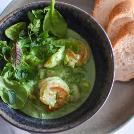 Scampi in't groen met prei en tuinkruiden