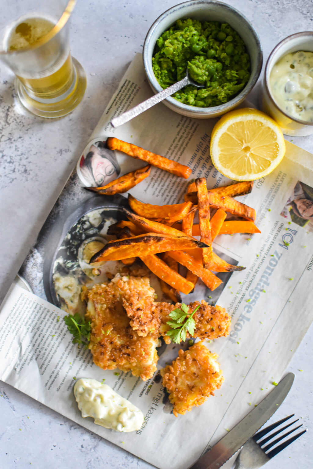 Fish and chips rice Krispies en zoete aardappel kris Kookt