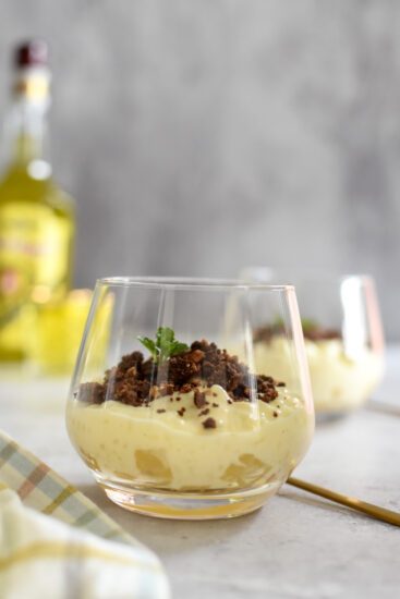 Rijstpap met Elixir D' Anvers, peer en crumble van chocolade