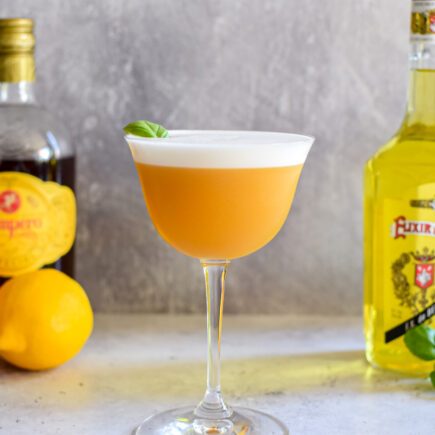Sour cocktail met Elixir d’Anvers, sinaasappel, basilicum en rum